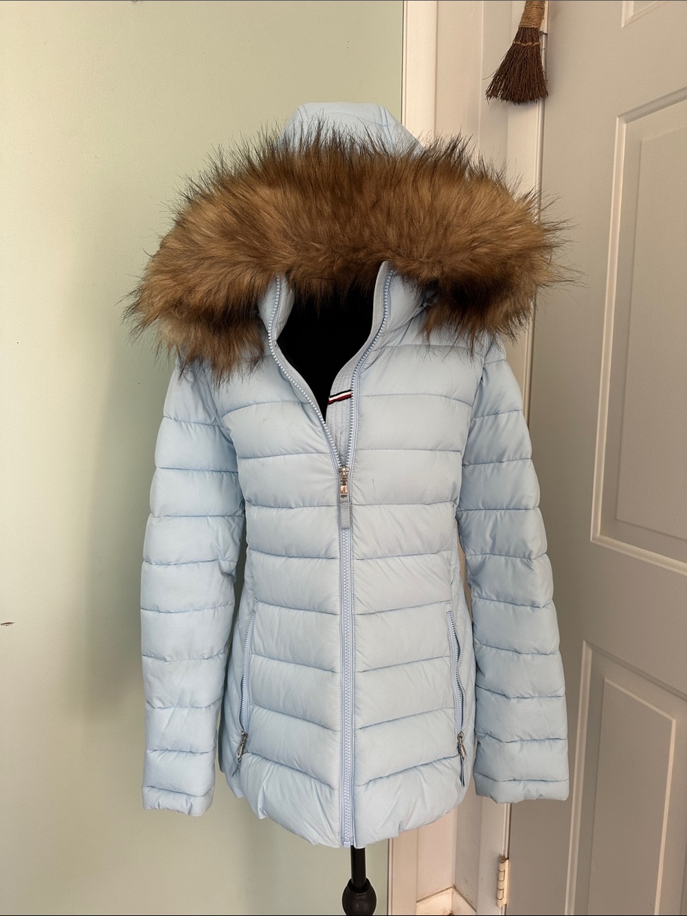 Tommy Hilfiger Light Blue Quilted Puffer Jacket with Faux Fur Hood Trim